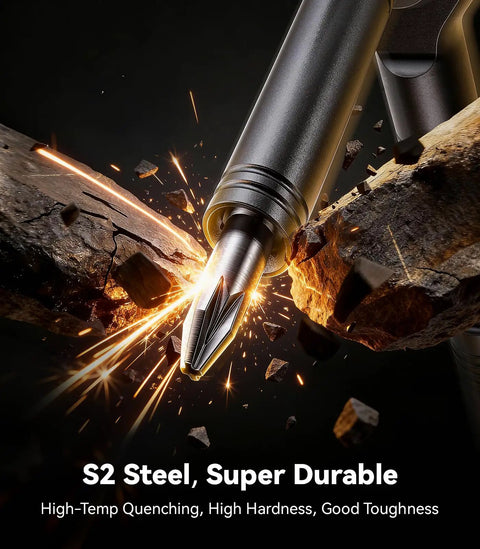 Close-up of a 32In1 T Handle Magnetic Ratcheting Screwdriver Set With Freely Interchangeable Grip Styles And 32 S2 Alloy Bits DIY Ready Multi Mode Handle Replacing Screwdrivers Wrenches And Extensions For Computer Electronics Bicycles And Furniture Repair demonstrating durability by splitting a rock.