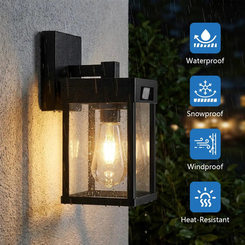 Kickass Solar Wall Lanterns With Hella Bright Motion Sensor And Three Flexible Lighting Modes For Outdoor Patio Runs Wirelessly Plus Storm Ready Build In A Quick Install Two Pack Set mounted on a wall in the rain.