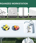 Organized workstation of 42.5 Inch Folding Fish Cleaning Table With Sink And Hose Hookup Portable Outdoor Fishing Station.