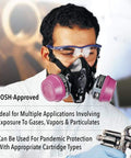 Man wearing NIOSH-Approved Half Mask Silicone Respirator Small With Snug Contoured Seal And Adjustable Cradle Suspension Straps.