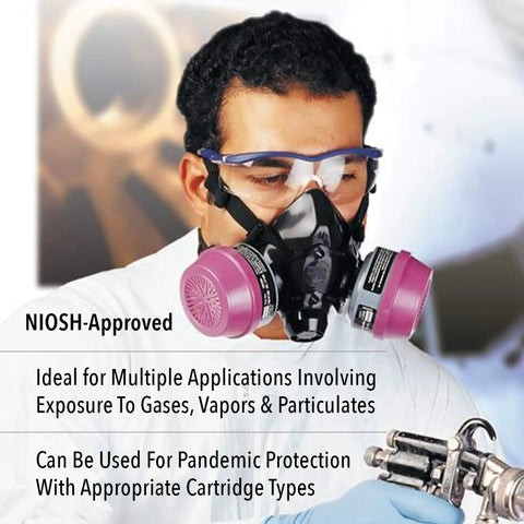 Man wearing NIOSH-Approved Half Mask Silicone Respirator Small With Snug Contoured Seal And Adjustable Cradle Suspension Straps.