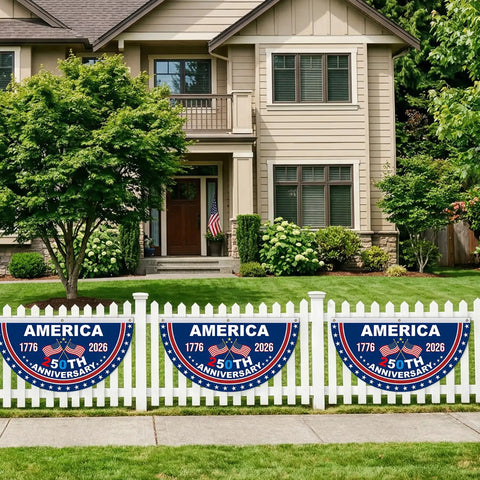 250th Anniversary American Flag Bunting Set, Two Pieces 1.5 By 3 Feet, 1776 To 2026 Patriotic Banner on white fence