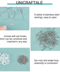 48 Piece Earring Making Kit With Stainless Steel Wire And All The Hoop Findings Hooks Jump Rings Ear Nuts For DIY Jewelry Making Six Styles Like Teardrop Fan Triangle Ring Trapezoid And More Perfect Starter Set, featuring various earring components displayed on a blue background.