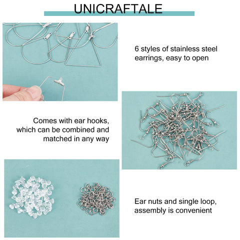 48 Piece Earring Making Kit With Stainless Steel Wire And All The Hoop Findings Hooks Jump Rings Ear Nuts For DIY Jewelry Making Six Styles Like Teardrop Fan Triangle Ring Trapezoid And More Perfect Starter Set, featuring various earring components displayed on a blue background.