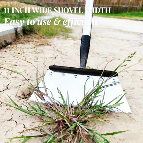 Do It All Garden Shovel With Adjustable Handle Three Stage Length 57 Inches Long Heavy Duty Stainless Steel Spade in use on weeds