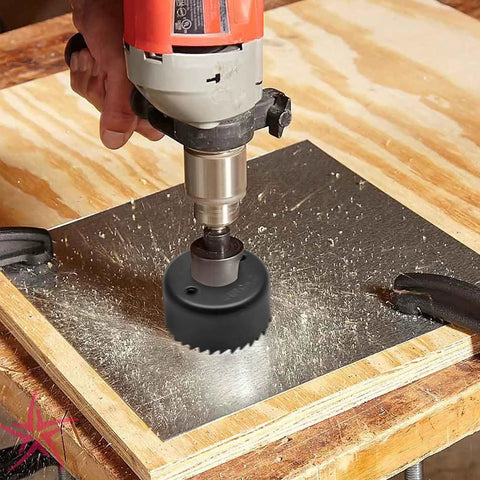 Using 11 Piece Hole Saw Kit With Mandrel And Hex Key, Three Quarters To Two And A Half Inch Cutters on wood board