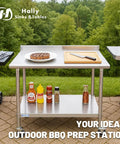Stainless Steel Prep And Work Table 24 By 48 Inches With Caster Wheels NSF Certified Pro Grade Beefy Heavy Duty Undershelf And Backsplash For Restaurant Home And Hotel outdoors with BBQ items