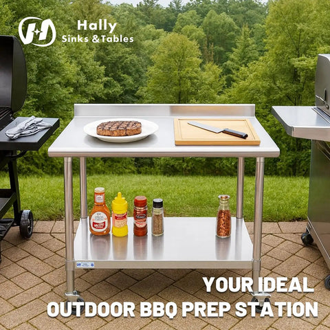 Stainless Steel Prep And Work Table 24 By 48 Inches With Caster Wheels NSF Certified Pro Grade Beefy Heavy Duty Undershelf And Backsplash For Restaurant Home And Hotel outdoors with BBQ items
