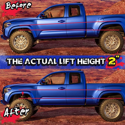 Before and after image of truck with Beefed Up 2 Inch Lift Kit For F150 2004 2026 4WD 2WD Front Lift Spacers