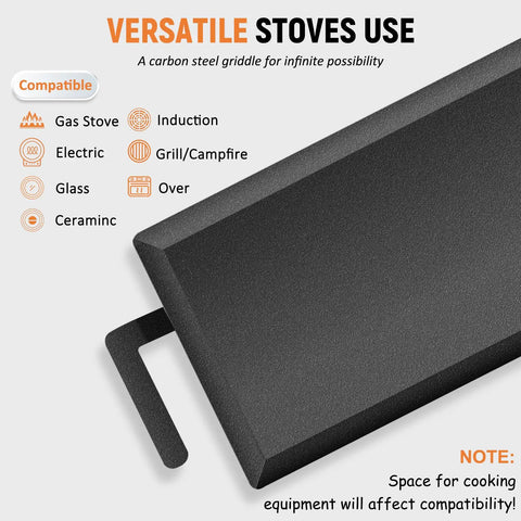 Heavy Duty Large Carbon Steel Griddle For Outdoor Gas Grill And Stove Pre-Seasoned Non Stick Surface with multiple compatible stovetops.