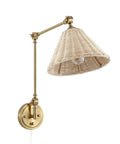 Rattan Wrapped Wall Sconce With Adjustable Swing Arm And Foldable Vintage Bedside Light Gold Finish With Wicker Shade Plug In Or Hardwire Brass Reading Lamp For Living Room Or Bedroom