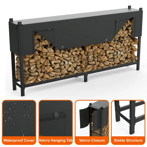 Heavy-Duty 8 Foot Firewood Rack With Weatherproof Cover And Carry Bag For Indoor Or Outdoor Use, stacked logs visible