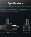 VIVOSUN 3567 GPH submersible pond pump, 130 W, black plastic; side and front views with 12.4 in length and 5 in width.