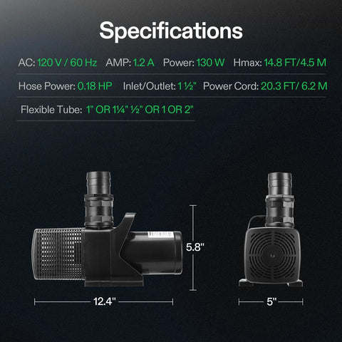 VIVOSUN 3567 GPH submersible pond pump, 130 W, black plastic; side and front views with 12.4 in length and 5 in width.