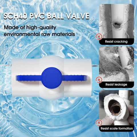 Three Quarter Inch PVC Ball Valve With Slip Connection SCH40 Easy Turn Blue T Handle showing features in water background.