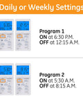 SunSmart 7 Day In Wall Digital Timer Switch With Auto Sunrise Sunset, showing daily and weekly settings for lighting programs.