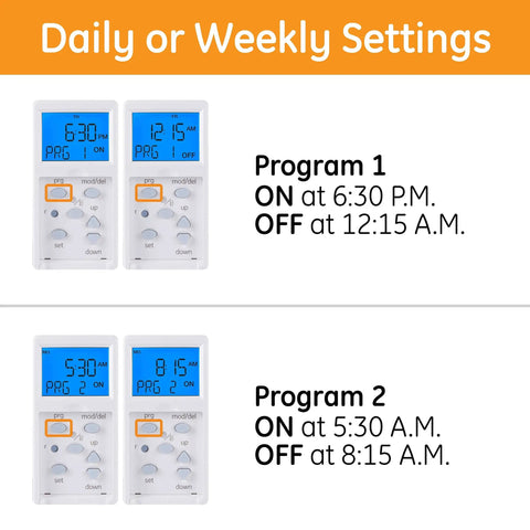 SunSmart 7 Day In Wall Digital Timer Switch With Auto Sunrise Sunset, showing daily and weekly settings for lighting programs.
