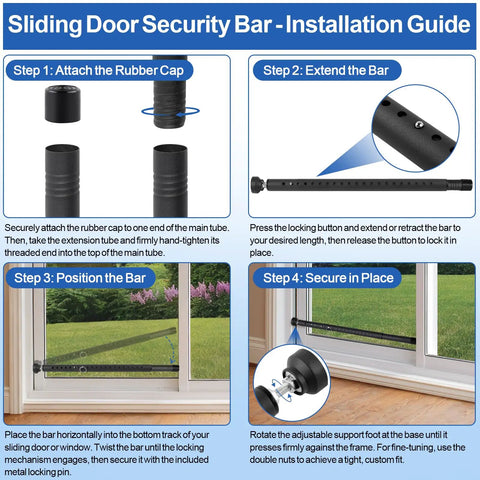 Installation guide for Rock Solid Adjustable Sliding Door Security Bar For Home And Apartment Bully Proof Steel Lock.