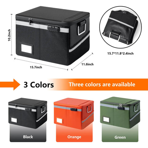 Fireproof Waterproof Document Box With Lock Collapsible Portable File Organizer in black, orange, and green colors with dimensions shown.