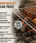 Portable Bushcraft Stainless Steel 304 BBQ Grill Grate With Burlap Hemp Drawstring Bag Large 6x12 Inch on campfire with skewers