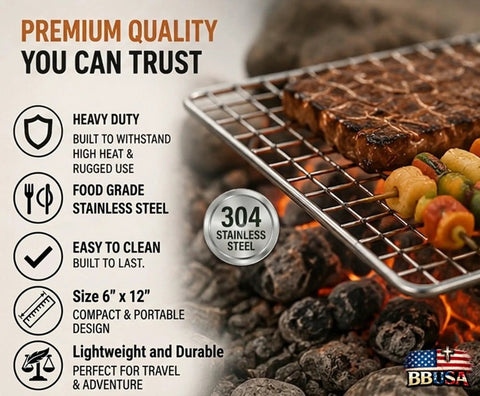 Portable Bushcraft Stainless Steel 304 BBQ Grill Grate With Burlap Hemp Drawstring Bag Large 6x12 Inch on campfire with skewers