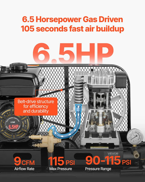 VEVOR 9 Gallon Twin-Tank Gas Powered Air Compressor, 6.5HP 9CFM Piston Pump, Max 115PSI, Mobile On Wheels For Tire Inflation Auto repairs And Spray Painting Heavy Duty Power