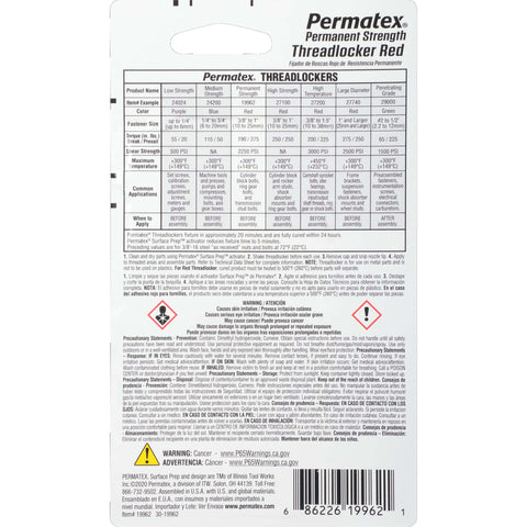 Back view of Permanent Strength Threadlocker Red For Three Eighths To One Inch Fasteners, 6 ml packaging with instructions.