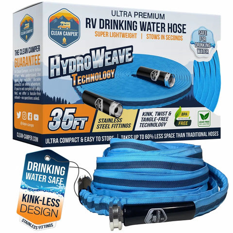 Box and coiled blue RV Fresh Water Drinking Hose 35 Feet With Kink Free Design Top Notch Performance Non Leaching Stainless Fittings