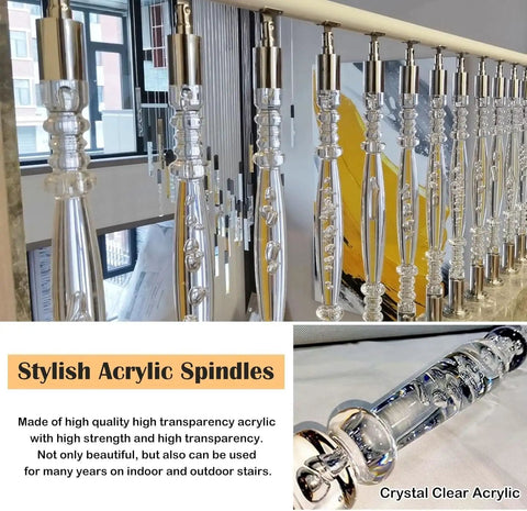Acrylic Staircase Spindles Bundle With Killer Clear Bubble Design And Top Shelf Steel Hardware For Super Easy Indoor Outdoor Railing Install Includes Twenty Pieces And All Necessary Parts displayed in a stylish indoor setting.