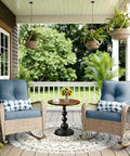 Vintage Round End Table With Solid Wood Top And Metal Base 15 Inch Wide Modern Side Table on porch with wicker chairs