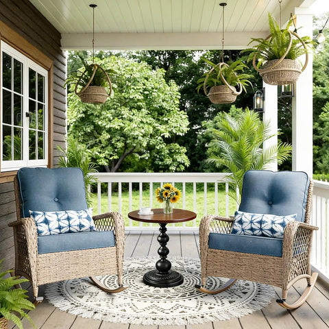 Vintage Round End Table With Solid Wood Top And Metal Base 15 Inch Wide Modern Side Table on porch with wicker chairs