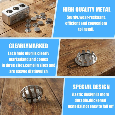 Heavy Duty Stainless Steel Knockout Plugs For Electrical Boxes And Entry Doors 3/4 Inch Round Seal Caps With Rock Solid Anti Theft Buckle 12 Piece Set on wooden surface.