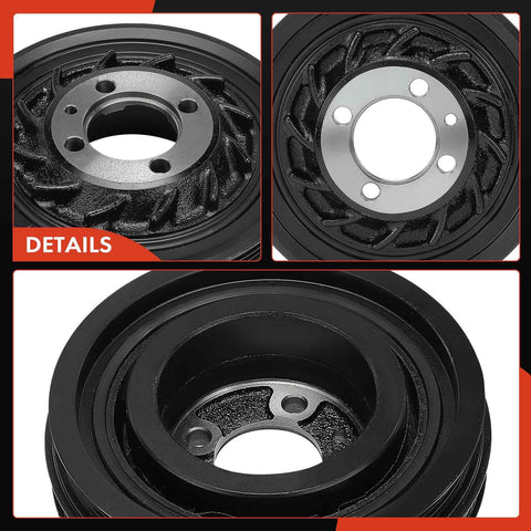 Engine Harmonic Balancer Pulley Compatible With Mitsubishi Eclipse Galant Expo LRV Eagle Summit Talon Plymouth Colt Laser 2.0L 2.4L Beefy Replacement Part For 1992 1999 Models, close-up of detailed grooves and black finish.