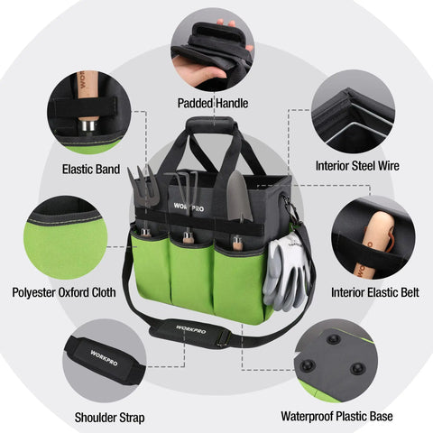 Heavy Duty Garden Tool Bag Organizer With Ten Pockets And Long Adjustable Shoulder Strap Standable Tote For Home Garden Use Green Tools Not Included