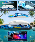 High Speed 16 Inch RC Boat For Adults And Kids Fast Remote Control Boat Reaching Over 40 Kilometers Per Hour Great For Pools Lakes And Rivers LED Lights Waterproof Hull Auto Flip Dual 1500mAh Batteries showing waterproof hull, LED lights, and water cooling system