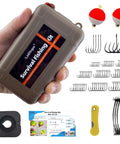 Hand holding Pocket Survival Fishing Kit Emergency Tackle Box For Camping And Hiking Ultra Portable 3.7oz Mini Gear