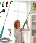 High Reach Plant Waterer With Type C Wireless Wand, woman using battery powered sprayer on tall indoor plant, stainless steel wand