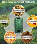 34 Gallon Outdoor Compost Bins Two Pack for Yard Waste and Kitchen Scraps, reusable garden bags with examples of compost materials.