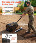 Man using walk behind or towable compost spreader with 24 inch spreading width, adjustable handle, in garden setting.