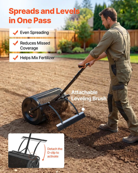 Man using walk behind or towable compost spreader with 24 inch spreading width, adjustable handle, in garden setting.