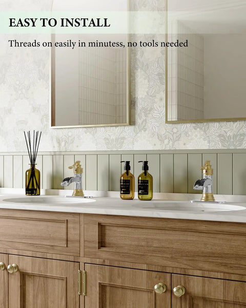 Double sink with Waterfall Bathroom Faucet For 1 Or 3 Holes, Widespread Single Handle, Dope Gold And Chrome Finish in rustic vanity