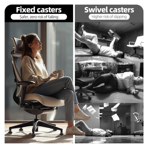 No Sweat Office Chair Bell Glides Replacement With Fixed Feet Wheel Stopper For Swivel Chairs And Stools Featuring 7/16 X 7/8 Stem Self Adhesive Felt Pads For Quiet Non Slip Floor Protection 5 Pack shown with fixed and swivel casters in use.
