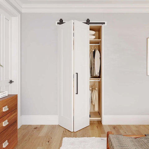 Installed 36 in. by 84 in. Bi-Fold Door Set With Hardware Kit, Shaker Style Flat Panel Primed Door in white, fits closets