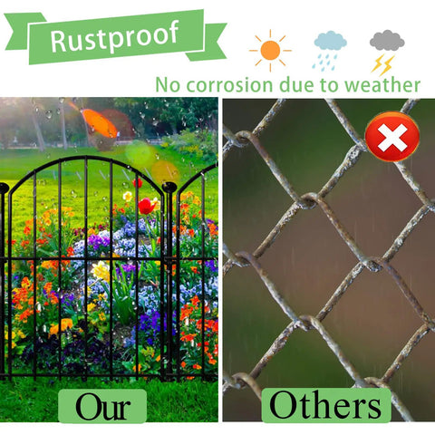 Comparison of rustproof Arched Garden Fence Border Panels 17 Inch By 10 Foot 10 Pack with a corroded wire fence showing durability difference.