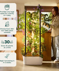 Indoor Vertical Hydroponics Kit For Home Gardening With LED Grow Lights Grows 30 Non GMO Plants Herbs And Vegetables In Just 2 Sq Ft No Fuss Energy Efficient Sunrise And Sunset Modes Smart Garden System with woman tending plants in kitchen