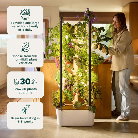 Indoor Vertical Hydroponics Kit For Home Gardening With LED Grow Lights Grows 30 Non GMO Plants Herbs And Vegetables In Just 2 Sq Ft No Fuss Energy Efficient Sunrise And Sunset Modes Smart Garden System with woman tending plants in kitchen