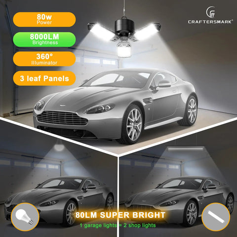 80W LED Garage Light Plug In 2 Pack 8000LM Ceiling Shop Lights with Deformable Panels illuminating garage with car