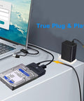 Plug And Play Dual Port USB A And Type C SATA HDD SSD To USB Adapter With 30W Power, UASP 5Gbps High Speed Transfer For Fast Data Recovery, Works With PC Laptop And Mac, Supports 2.5 And 3.5 Inch Drives, 1.6 Foot Cable connected to 3.5 inch hard drive and laptop