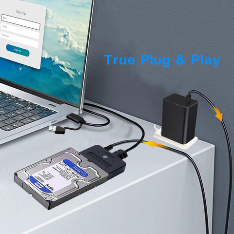 Plug And Play Dual Port USB A And Type C SATA HDD SSD To USB Adapter With 30W Power, UASP 5Gbps High Speed Transfer For Fast Data Recovery, Works With PC Laptop And Mac, Supports 2.5 And 3.5 Inch Drives, 1.6 Foot Cable connected to 3.5 inch hard drive and laptop