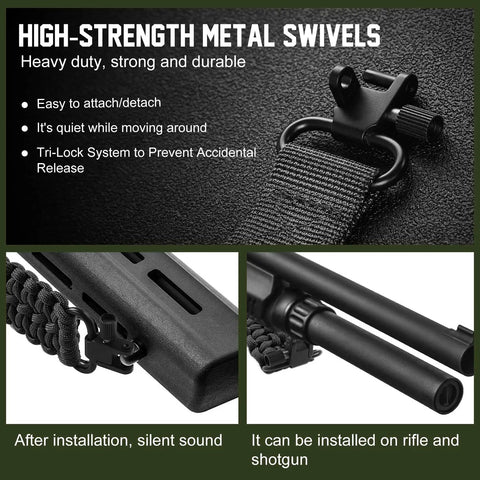 High-strength metal swivels for Tough As Nails Carbon Steel Rifle Sling Swivel Mount; durable, quiet, easily attaches to rifles and shotguns.
